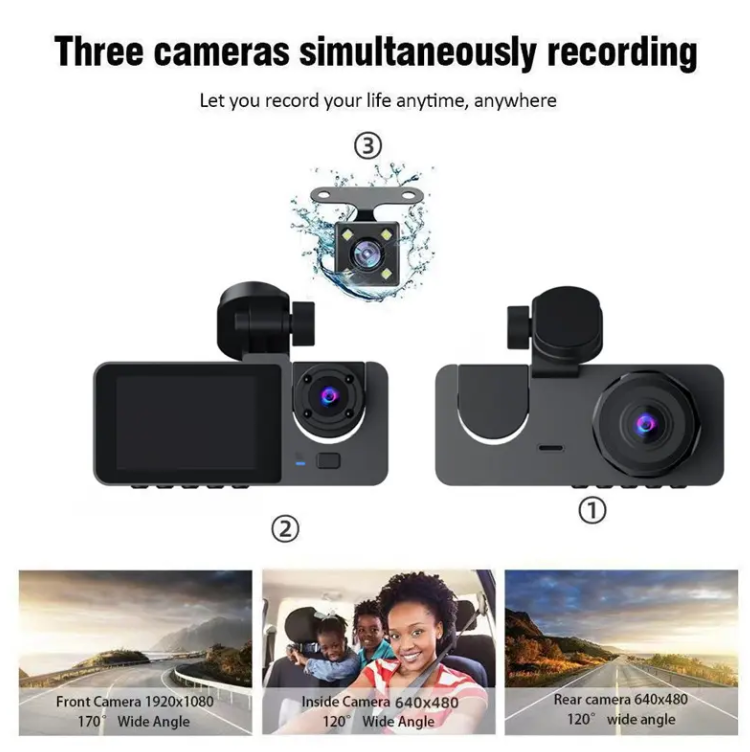 3-in-1 Dashboard Camera Front 1080p Full HD Rear Camera Inside Camera