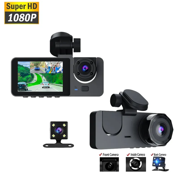 3-in-1 Dashboard Camera Front 1080p Full HD Rear Camera Inside Camera